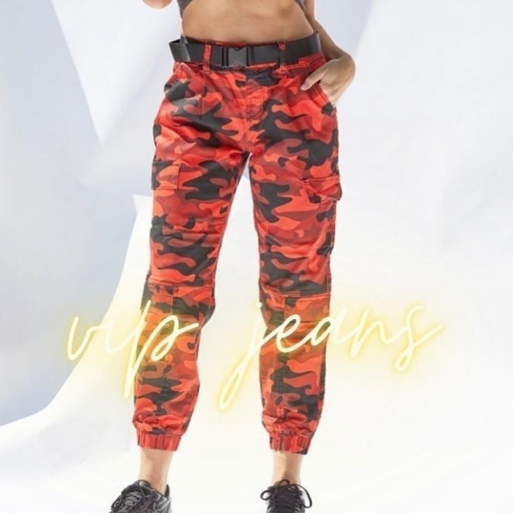 VIP Cargo jeans Womens Coral Orange Black Straight Leg Camouflaged